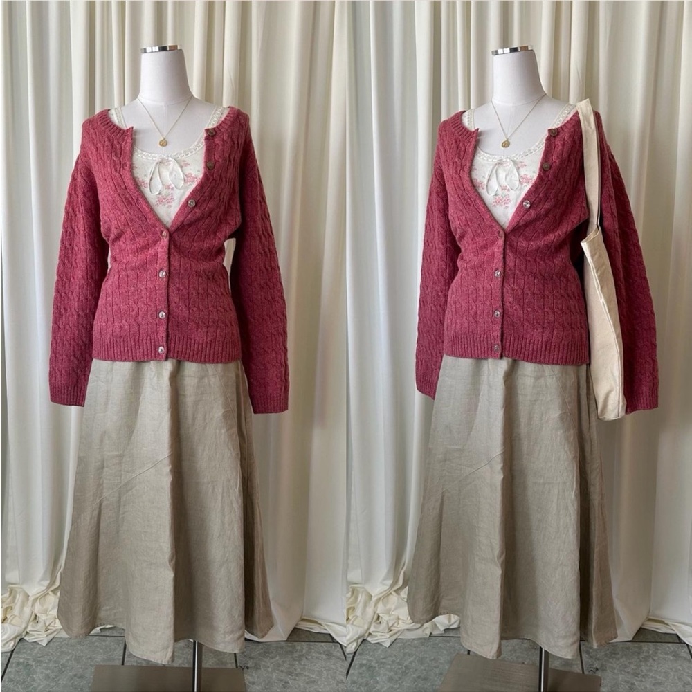 Appleseed's Y2K Style Grannycore Pink Cable Knit 100% Wool Cardigan Sweater PL. - Picture 3 of 9